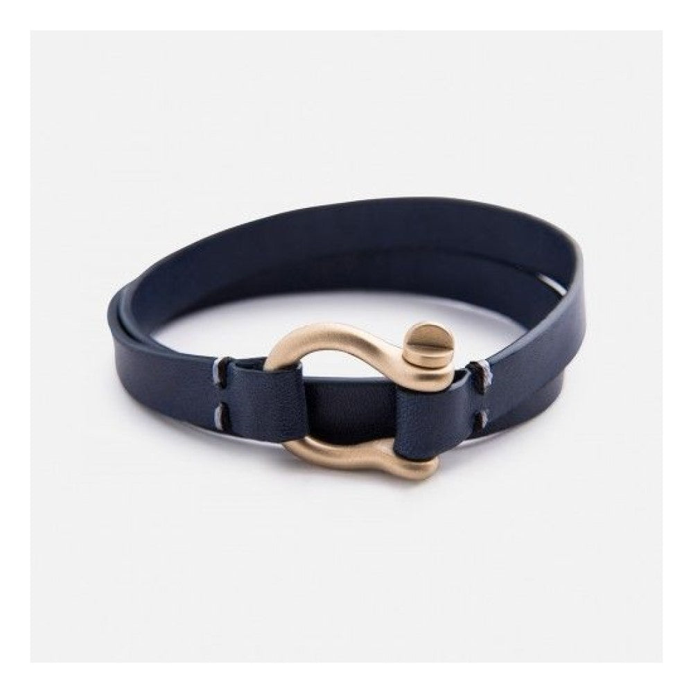 Bracelet - Golden Brass Link / Leather Navy Blue