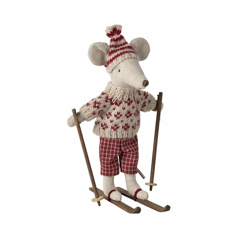 Winter mouse with ski set, Mum - Red