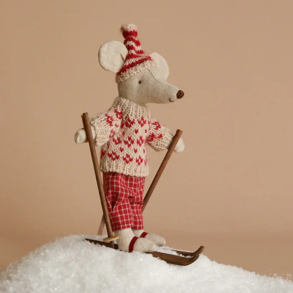 Winter mouse with ski set, Mum - Red